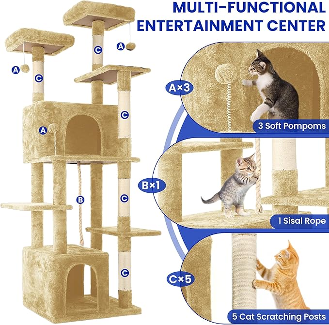 69-Inch Tall Cat Tree with Huge Condos, Multi-Functional Cat Tower with Top Perches, Scratching Posts, Pompoms, for Climbing, Lounging and Playing (Beige)