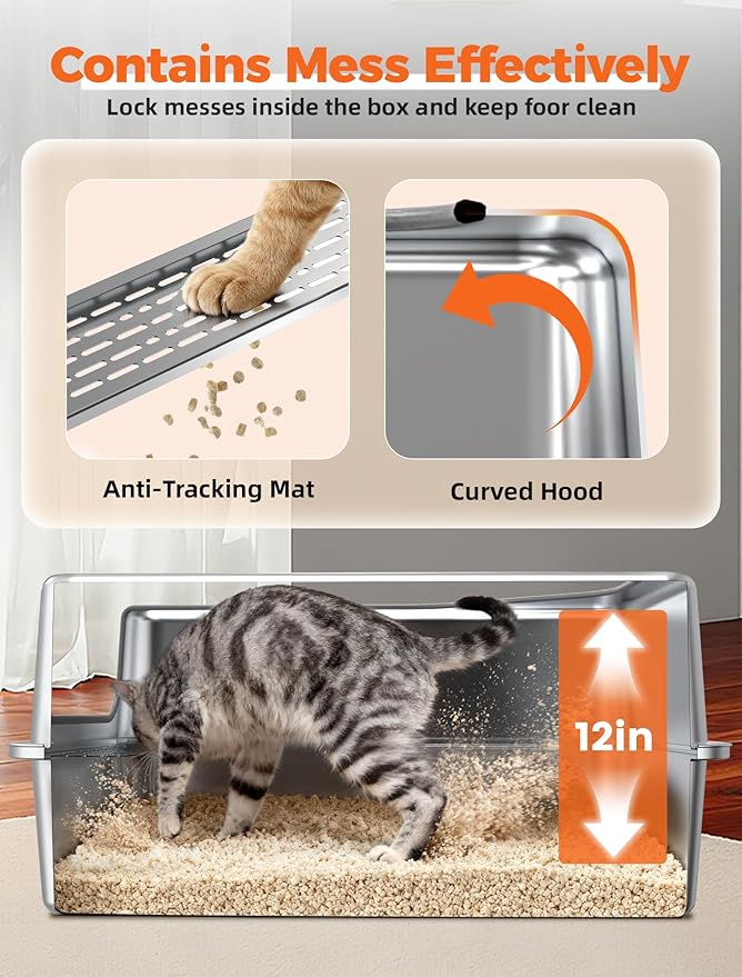 PETNF All Stainless Steel Cat Litter Box, High Sided Large Metal Litter Box - Leak-Proof, Anti-Litter Tracking, Easy Clean for Big Cats, Multi-Cat Households, 24"L x 18"W x 12"H (Silver White, 1 PACK)