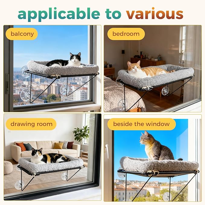 Cat Window Perch, Cordless Cat Hammock Window Seat with Sturdy Metal Frame Supports and 4 Strong Suction Cups (Grey, Short Hair)