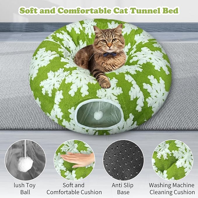 Cat Tunnel Bed for Indoor Cats, Cute Cat Donut Tunnel with Washable Circle Cushion, Under Christmas Tree Soft Plush Peekaboo Cat Cave Toy for Kitten, Puppy, Rabbit (Green)