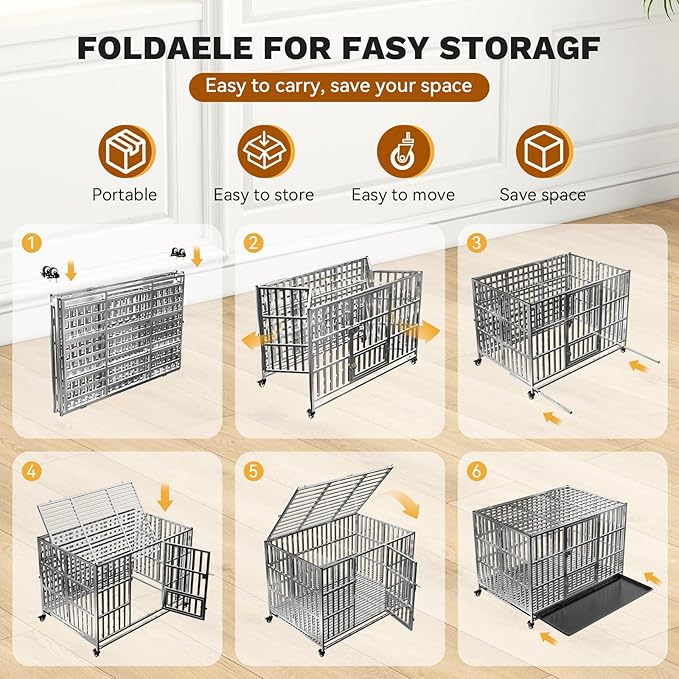 48" Heavy Duty Dog Crates for Large Dogs, Upgraded 4 Lockable Wheels, Stainless Steel Kennel Dog Kennel Indoor, Max Load 300Lbs, Easy to Clean, Escape Proof, XL Dog Cage for High Anxiety Dogs