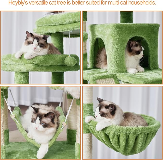 Heybly Cat Tree, 71-Inch Tall Tower for Indoor Cats with 2 Perches, 2 Big Condos, 2 Hammocks, Basket, Scratching Pad, Large Cat Furniture and Condo, Green HCT034GR