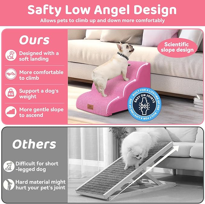 Dog Ramp and Stair for Bed 16" H-20 H,3-Step Cat Stair for Sofa and Chair,4-Step Dog Ramp for High Bed and Window,Durable Nonslip Fabric Cover for Indoor (Pink-20 H, Pet Friendly, 4)