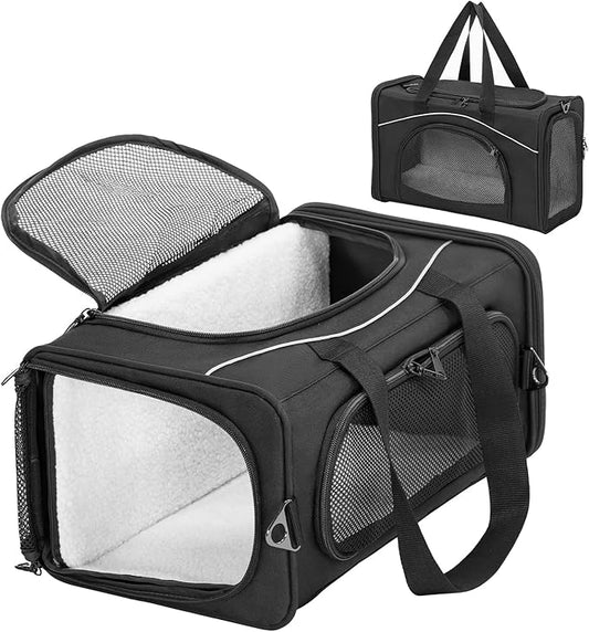 Petsfit Airline Approved Pet Carrier for Small Cats, 15x8x10 TSA Approved Carrier, with Removable Dual-Sided Padding (2-Way Placement) - Fits Under Most Airplane Seats, Escape Proof (Black)