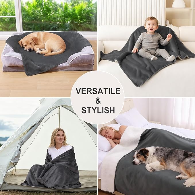 Smiry Waterproof Dog Bed Blanket, Leakproof Pet Throw Blanket for Bed Couch Sofa, Reversible Sherpa Fleece Furniture Protector Cover for Small Medium Large Dogs Cats (Dark Grey, 60x80 inches)