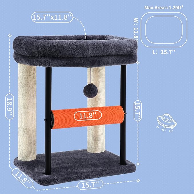 Hey-brother Cat Tree, Cat Scratching Posts with Bed, Sturdy Tower with Fully Sisal-Wrapped Columns and Plush Toy Ball for Indoor Kittens, 18.9 inches, Smoky Gray MPJ010SG