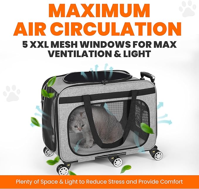 XL Cat & Small Dog Carrier | 25" L x 16" W x 17" H - up to 40 lbs - NOT TSA Compliant - Small Dogs or Large Cat Carrier with Wheels - Extending Handle, 360° Rotation Wheels & Extra Ventilation