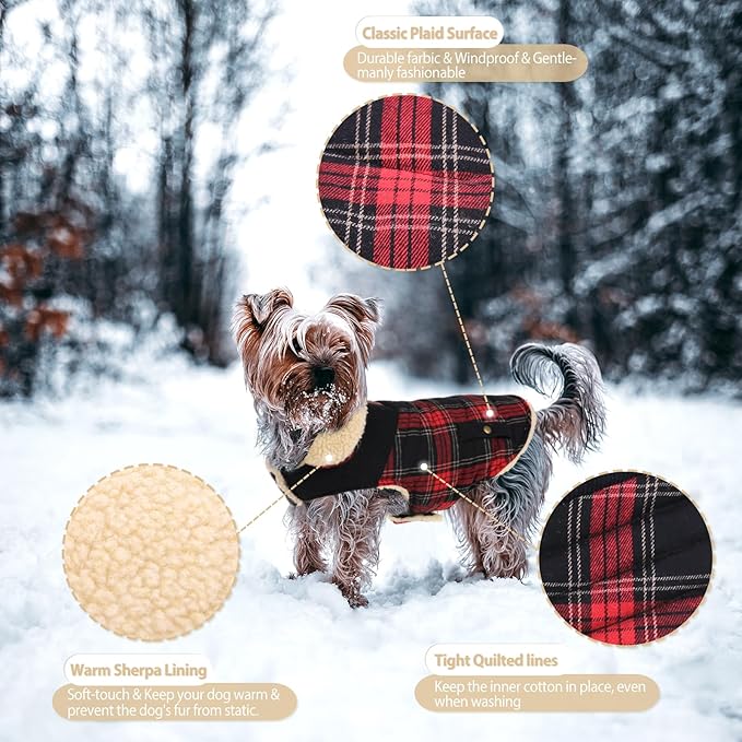 Winter Coat for Small and Medium Dogs, Puppy Plaid Jacket, Cotton Coat for Cold Weather, Windproof Warm Dog Garments, Pet Thickened Outfits Indoor Outdoor, Red L