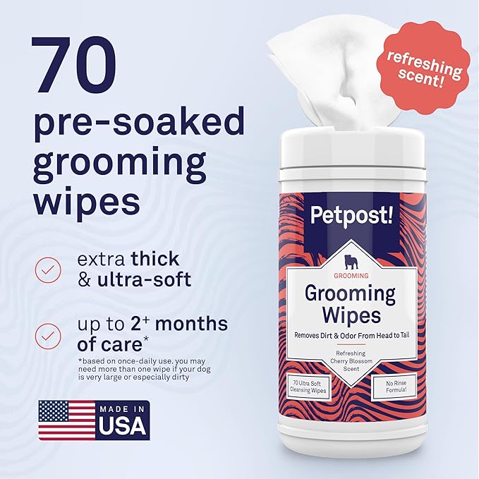 Petpost Grooming Wipes for Dogs | 70 Count Large Deodorizing Dog Cleaning Wipes with Coconut Extract & Aloe | Gentle Pet Wipes with Cherry Blossom Scent for Full-Body Grooming