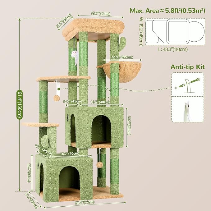 Globlazer Cactus Cat Tower for Indoor Cats, Heavy Duty Cat Trees for Large Cats Adult Big Cats Maine Coon Cat Tree Tower with Scratching Post, Extra Large Top Perch, Cat Condos, F61, Green, 61inch