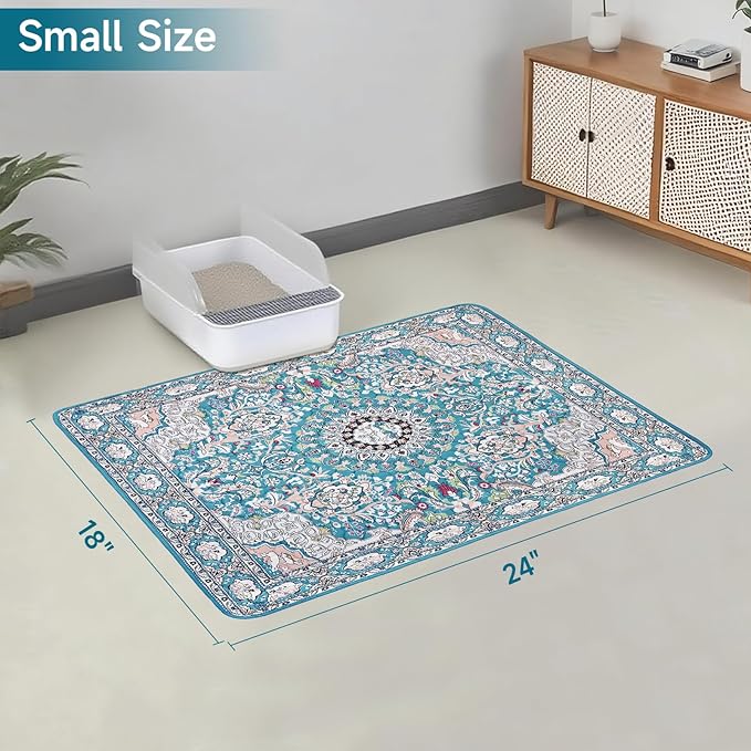 Cat Litter Mat, Reusable Kitty Litter Trapping Mat 2 PCs, 24"x18" Washable Litter Mats for Cats, Waterproof & Non-Slip Compatible with Cat Box (Lake Blue Medallion, 24"x18"(2 PCS))