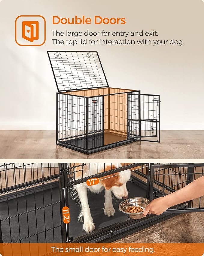 Feandrea 42.1 Inch Heavy Duty Dog Crate, Metal Escape Proof Kennel with Double Doors and Convenient Feeding Door, Removable Tray, Easy to Clean, XL Pet Crate for Large and Medium Dogs, Black