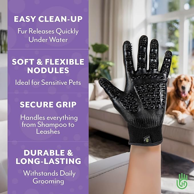 Handson Pet Grooming Gloves - #1 Ranked, Award-Winning Cat, Dog & Horse Hair Remover Gloves - Bathing, Shedding & Massaging Tool - Gentle Brush for Long & Short Fur (2 Pairs, Black, Medium)