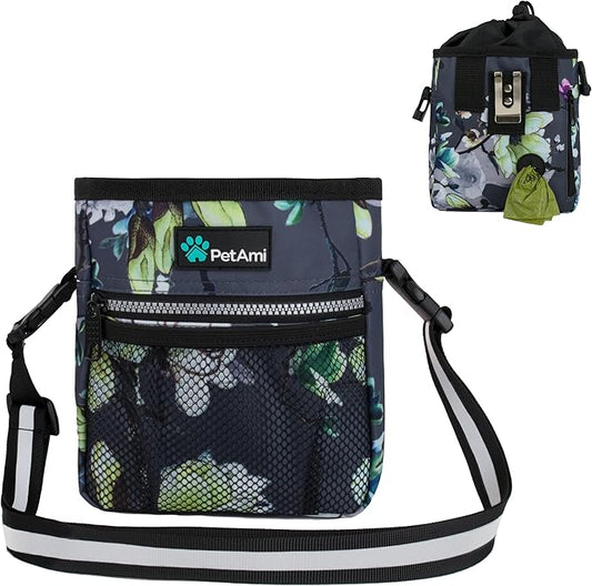 PetAmi Dog Treat Pouch, Pet Treat Pouch for Training, Dog Walking Bag Holder for Kibbles, Pet Food Toy, Dog Trainer Essentials Supplies, Poop Bag Dispenser, 3 Ways to Wear (Floral Grey)