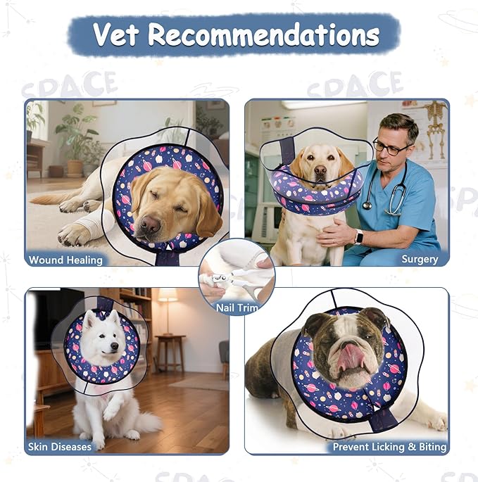 Inflatable Dog Cone Collar,Waterproof Soft Dog Donut Cone for Large Medium Small Dogs Cats, Recovery Pet E-Collar Alternatives After Surgery (Planet-with Shield, Medium+)