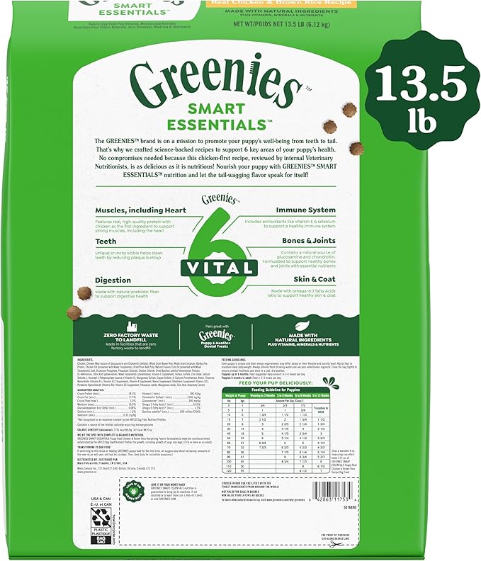 Greenies Smart Essentials Puppy High Protein Dry Dog Food Real Chicken & Brown Rice Recipe, 13.5 lb. Bag