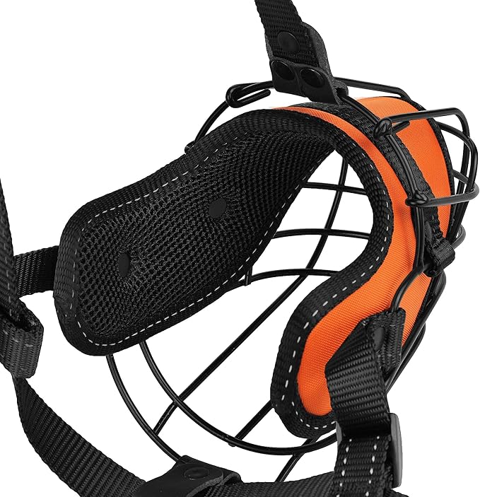 OOPSDOGGY Pitbull Dog Muzzle Reflective Metal Mask Secure Wire Basket Muzzle for Large Sized Dogs Amstaff Soft Cage Muzzle to Prevent Biting Chewing with Adjustable Nylon Straps (Orange, Pitbull)