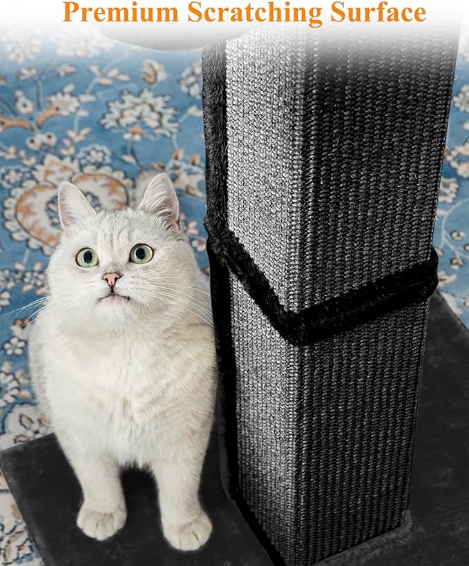 32" Cat Scratching Post for Indoor Cats, Sisal Cat Scratcher with Plush Perch, Large Scratch Post with Bed, Removable Cover, Sisal Fabric,Black
