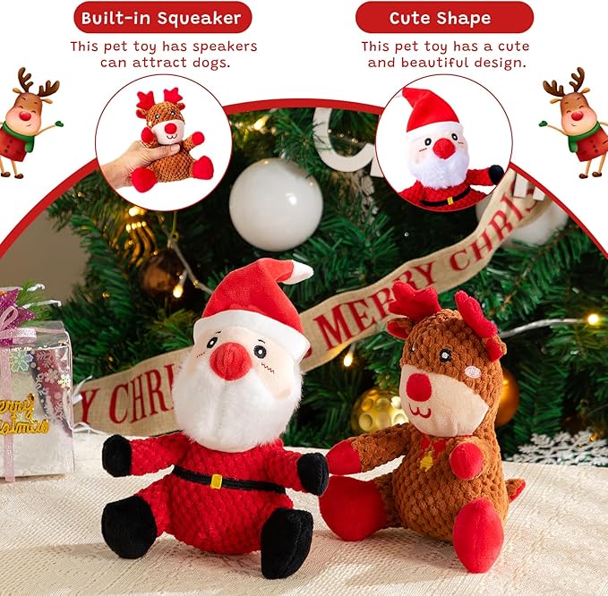 Hollypet Christmas Squeaky Plush Stuffed Durable Dog Toys, Cute Puppy Chew Toys for Small, Medium and Large Breed Dogs,Santa Claus and Christmas Elk