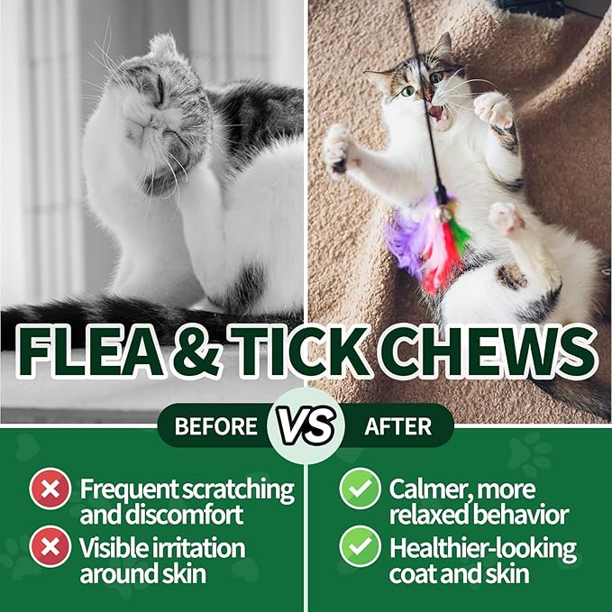 Flea and Tick Chews for Cats - 200 Soft Chews Natural Flea Tick Support for Cat All Breeds & Ages - Nourishes Skin & Coat Health - Energy Support - Chicken Flavor Soft Chew