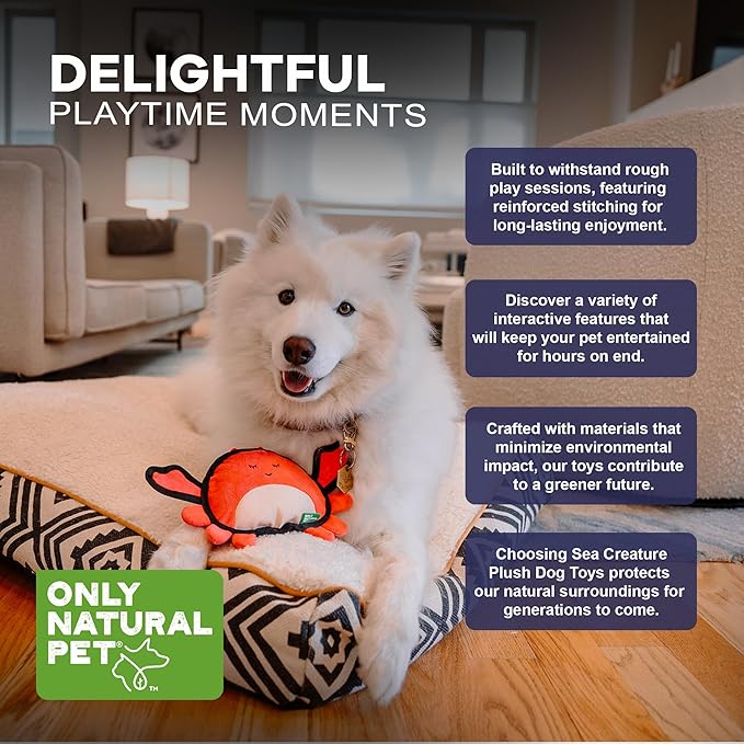Only Natural Pet Sea Creatures Recycled Plush Dog Toys - Durable Double-Stitched Design with Internal Squeaker, Crinkle Pincers & Plush Feet - Stuffed Toy for Dogs, Pet Toy | Clara The Crab, 11" x 6"
