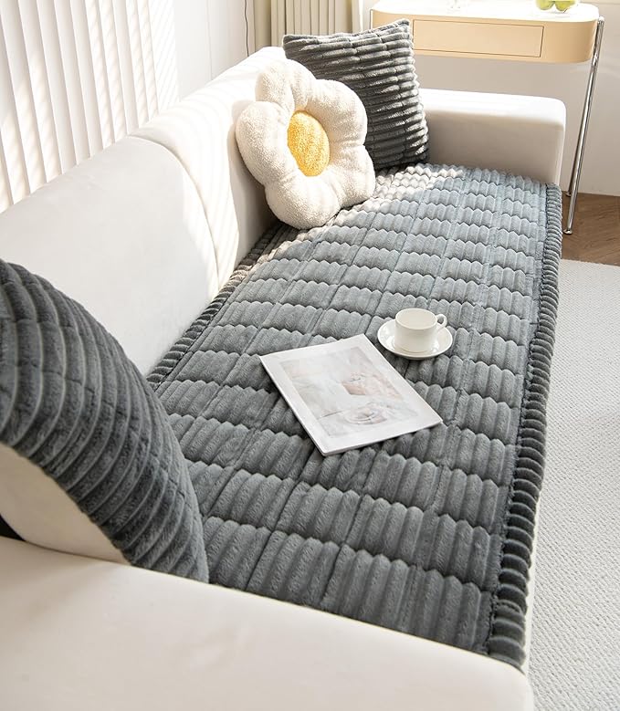 Faux Fur Plush Dog Couch Cover 3D Stripe Fuzzy Sofa Cover Non-Slip Fluffy Dog Bed Cover Pet Blanket Sofa Couch Furniture Protector for Puppy Large Dog Cat (Dark Grey,35"x70")