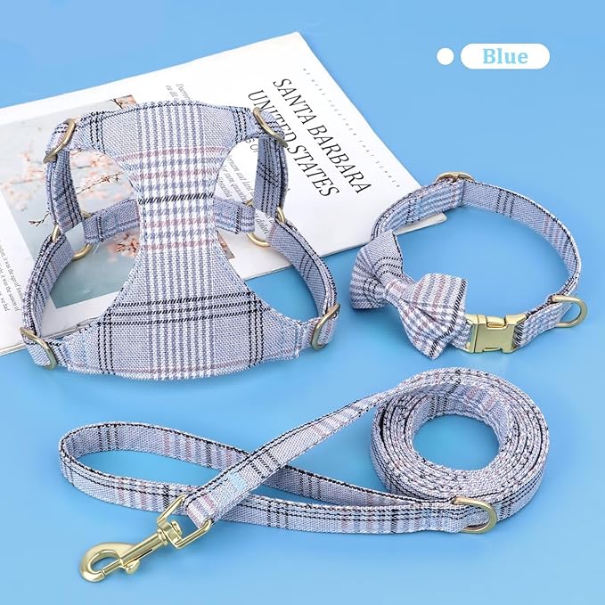 Beirui Cute Extra Small Dog Harness Collar and Leash Set with Bowtie, Soft Adjustable Plaid Puppy Harness for Small Sized Dogs Cats Walks Parties and Photoshoots(Blue,XS:Chest 13-18")