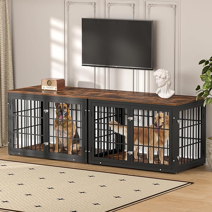 48 Inch Rustic Heavy Duty Dog Crate Furniture for Extra Large Dogs, Decorative Pet House End Table, Wooden Cage Kennel Furniture Indoor, Black and Brown