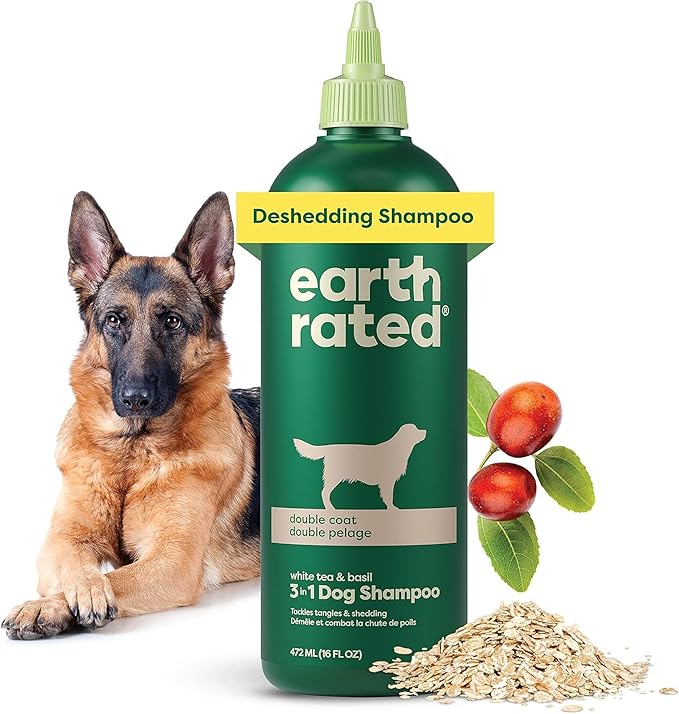 Earth Rated 3-in-1 Deshedding Dog Shampoo and Conditioner, Deodorizing Oatmeal Shampoos for Dogs and Puppies, Great for Smelly Pets, White Tea and Basil Scent, 16 oz