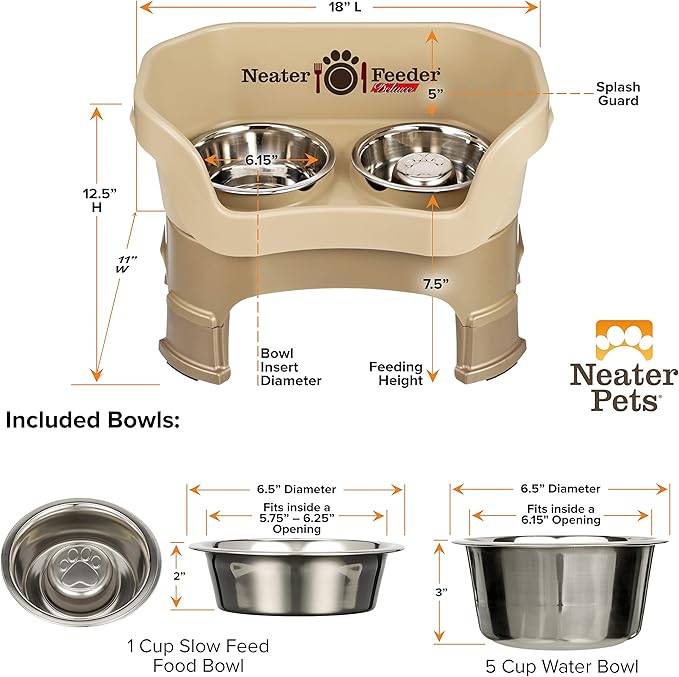 Neater Feeder Deluxe Mess Proof Dog Bowls Elevated for Medium Sized Breeds – Made in USA – No Spill Raised Slow Feeder Elevated Dog Bowl Stand w/Leg Extensions, Food and Water Bowl Set, Cappuccino