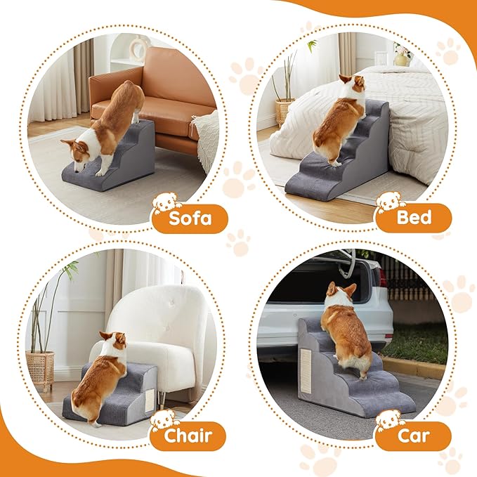 Pet Stairs, Dog Stairs for Small Dogs, Dogs Steps, 5-Step Curved Dog Ramp for Bed, Couch, Sofa, Car and Chairs, Non-Slip Bottom Design, Cat Scratching Board, High Density Foam Portable Pet Step, Grey
