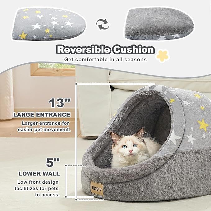 Jiupety Cute Cat Beds for Indoor Cats, Cat Cave Bed for Kittens, Large Cat Cave and Covered Cat Bed with Anti-Slip Bottom, Washable Removable Cushion, M(16"x16"x13"), Gray Star