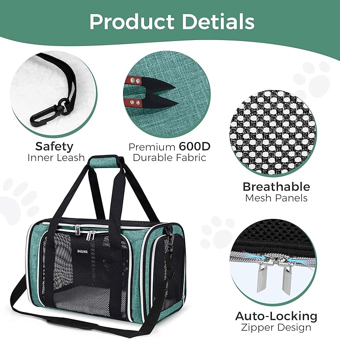 BAGLHER Pet Travel Carrier, Cat Carriers Dog Carrier for Small Medium Cats Dogs Puppies, Airline Approved Small Dog Carrier Soft Sided, Collapsible Puppy Carrier. Green