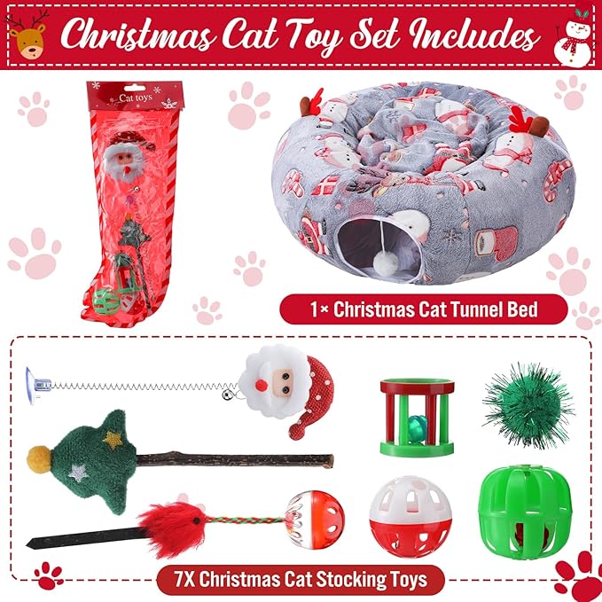 Christmas Cat Tunnel Bed with 8 Cat Toys Fluffy Plush Dog Tunnel Bed with Washable Cushion and Dangling Balls 3FT Multifunctional Playground for Small Medium Large Rabbit(Snowman,Gray)