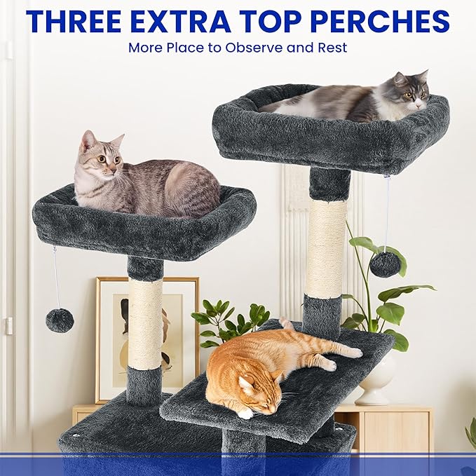 69-Inch Tall Cat Tree with Huge Condos, Multi-Functional Cat Tower with Top Perches, Scratching Posts, Pompoms, for Climbing, Lounging and Playing (Dark Grey)