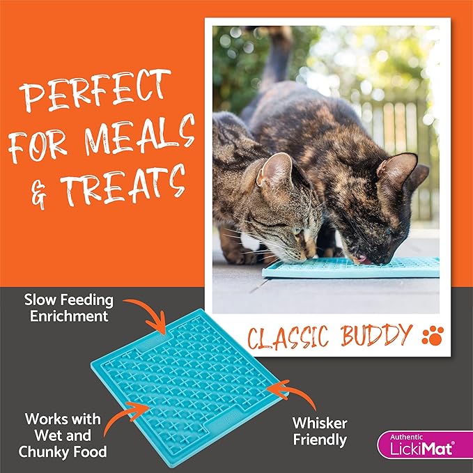 LickiMat Classic Buddy, Cat Slow Feeder Lick Mat, Boredom Anxiety Reducer; Perfect for Food, Treats, Yogurt, or Peanut Butter. Fun Alternative to a Slow Feed Cat Bowl or Dish, Turquoise