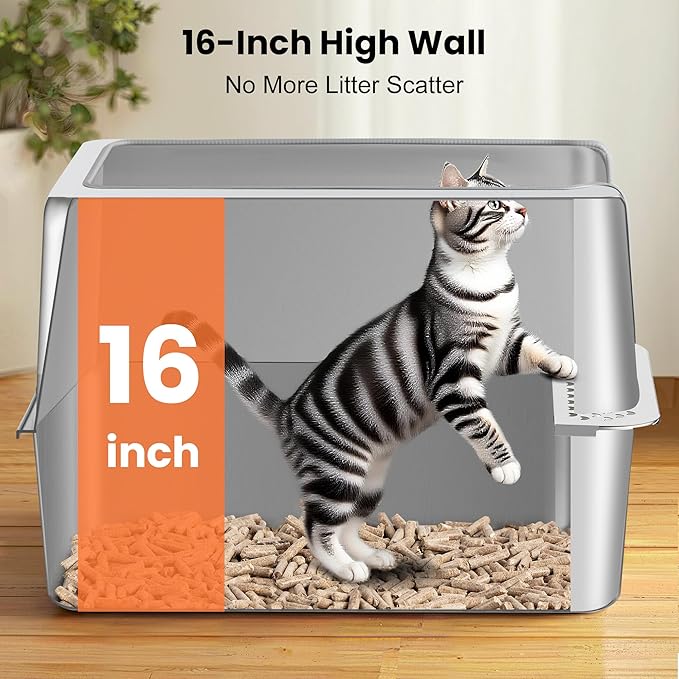 Stainless Steel Litter Box with Metal Lid and Scoop - Enclosed Metal Litter Box for Large Cats, Rust-Resistant, Odor-Control, Easy to Clean, Durable & Long-Lasting with Round Edge (XXL)