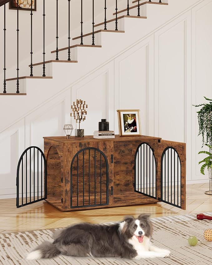 39.4" Wooden Dog Crate Furniture, Indoor Dog Kennel Dogs Cage for Small/Medium/Large Dogs, Heavy Duty Dog Crates Decorative Pet House End Side Table TV Stand, Rustic Brown DFC84101B