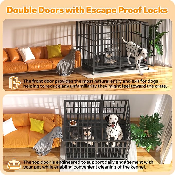 Heavy Duty Indestructible Dog Crate 60 Inch with Removable Tray, Sizes & Colors Optional, Escape Proof Double Door High Anxiety Cage Indoor, Kennel with Wheels for Large Dogs, XL XXL XXL