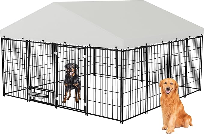Rovibek 10x10 Ft Outside Dog Kennel with Roof, Large Dog Kennel Outdoor Dogs Cage with 2 Rotating Feeder Bowls, Heavy Duty Dogs Run Enclosure with Waterproof Sun-Proof Cover