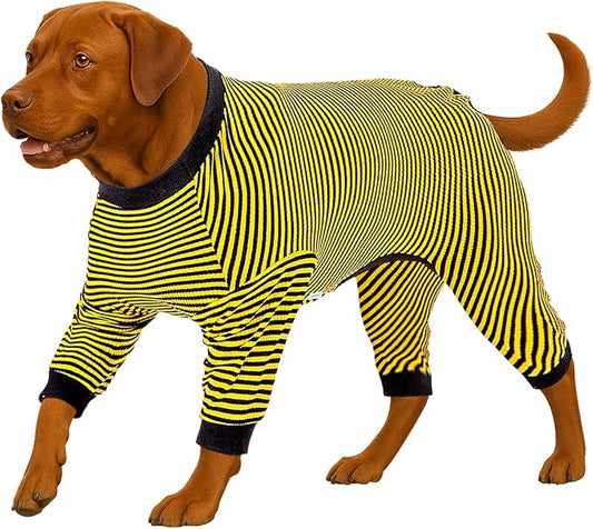 LovinPet Dog PJS Clothes for Giant Dogs, Pitbull Pure Cotton Yellow and Black Stripe Dog Shirt, 4-Legged Design, Full Body Coverage, Pajamas for Pitbulls, Onesies for Dogs, 2XL