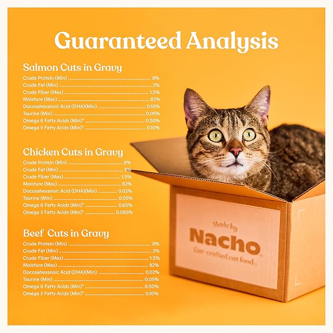 Made by Nacho Wet Cat Food Variety 12 Pack (3oz Each), Cage-Free Chicken, Sustainably Caught Salmon, Grass-Fed Beef with Bone Broth for Extra Hydration, Gravy Cut Pouches