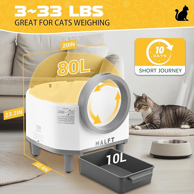 Automatic Cat Litter Box 90L, Self-Cleaning Litter Box - WiFi/Smart APP Control, Night Mode, Anti-Pinch Safety System for Multiple Cats, Includes Premium Mat & Waste Bags