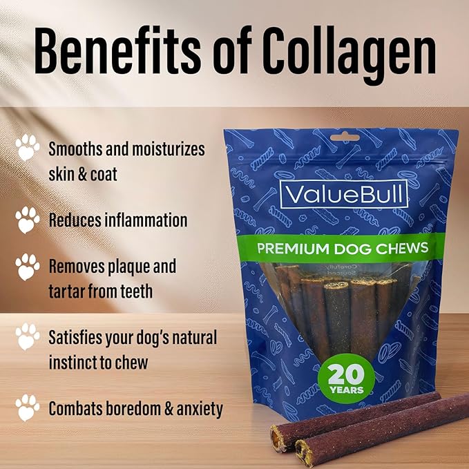 ValueBull USA Collagen Sticks for Small Dogs, 6 Inch Thin Chews, Natural Dog Treats, 200 Count Bulk Pack - Promotes Joint, Skin & Coat Health with Glucosamine and Chondroitin