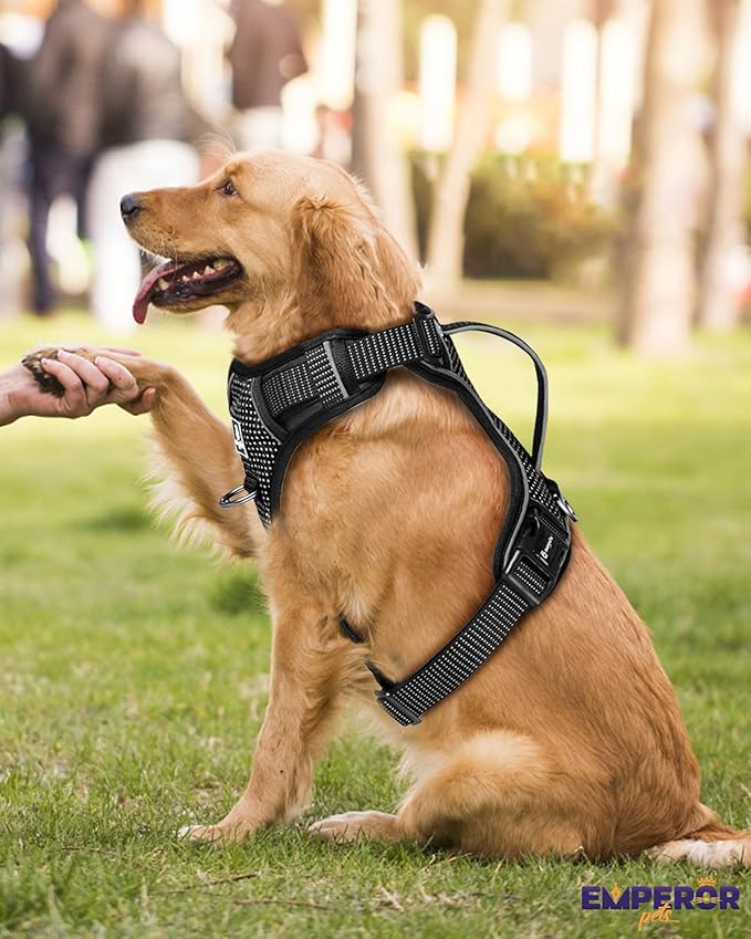 Emperor Pets Reflective Dog Harness for Large Dogs - No Pull Dog Harness with 2 Leash Clips, Premium Oxford Soft Padded Puppy Harness, No Choke Design Dog Vest for Large Dogs (L, Black)