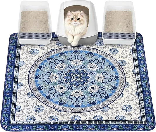 Cat Litter Mat, Reusable Kitty Litter Trapping Mat 2 PCs, 24"x18" Washable Litter Mats for Cats, Waterproof & Non-Slip Compatible with Cat Box (Indigo Blue Medallion, 24"x18"(2 PCS))