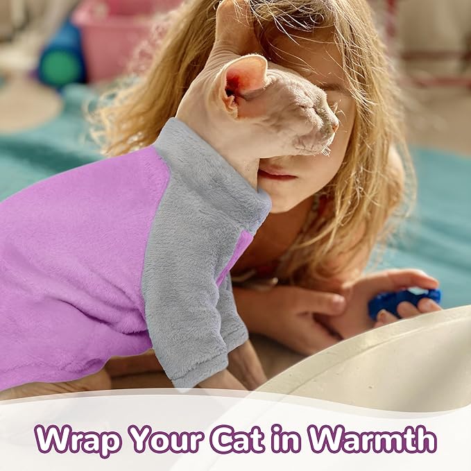 PUMYPOREITY Turtleneck Sweater for Sphynx Cat, Soft Coral Fleece Cat Clothes, Thick Winter Warm Outfit Coat with Sleeves, XL, Purple