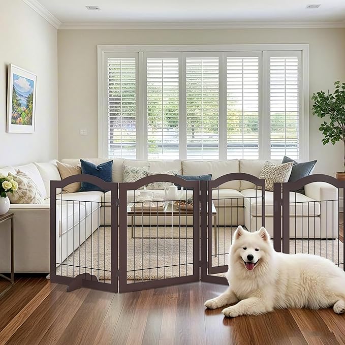 Vantas Folding No-Assembly Dog Door Pet Gate 96" Wide, 30" Tall Wooden Dog Gate with Door Walk Through, Freestanding Wire Pet Gate, Pet Puppy Safety Fence, with 2PCS Support – Espresso