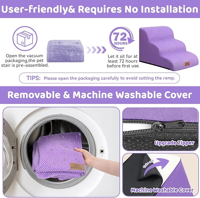 Dog Ramp and Stair for Bed 16" H-20 H,3-Step Cat Stair for Sofa and Chair,4-Step Dog Ramp for High Bed and Window,Durable Nonslip Fabric Cover for Indoor (Purple-20 H, Pet Friendly, 4)