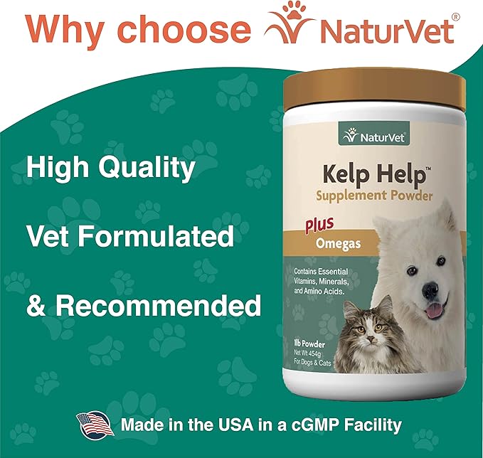 NaturVet Kelp Help Plus Omegas Skin and Coat Supplement for Dogs and Cats, Powder, Made in The USA with Globally Source Ingredients 1 Pound